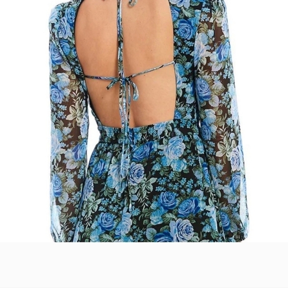 NEW WAYF Blue Floral Open Back Tie Tiered Midi Dress - Picture 1 of 6